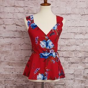 Monteau red floral wrap blouse